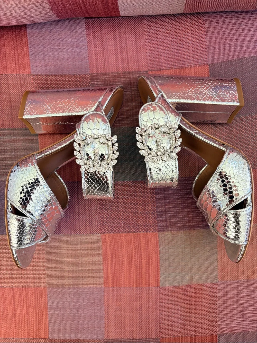 Tabitha Simmons Silver Snakeskin-Texture Crystal Buckle Peep-Toe Heels